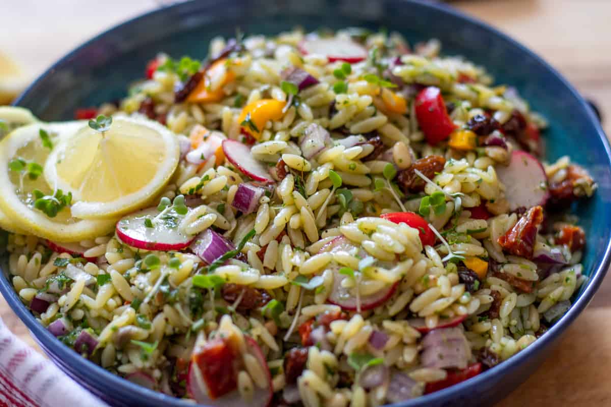 A bowl of orzo pasta salad mixed with diced red onions, radishes, yellow peppers, sun-dried tomatoes, herbs, and garnished with lemon slices.