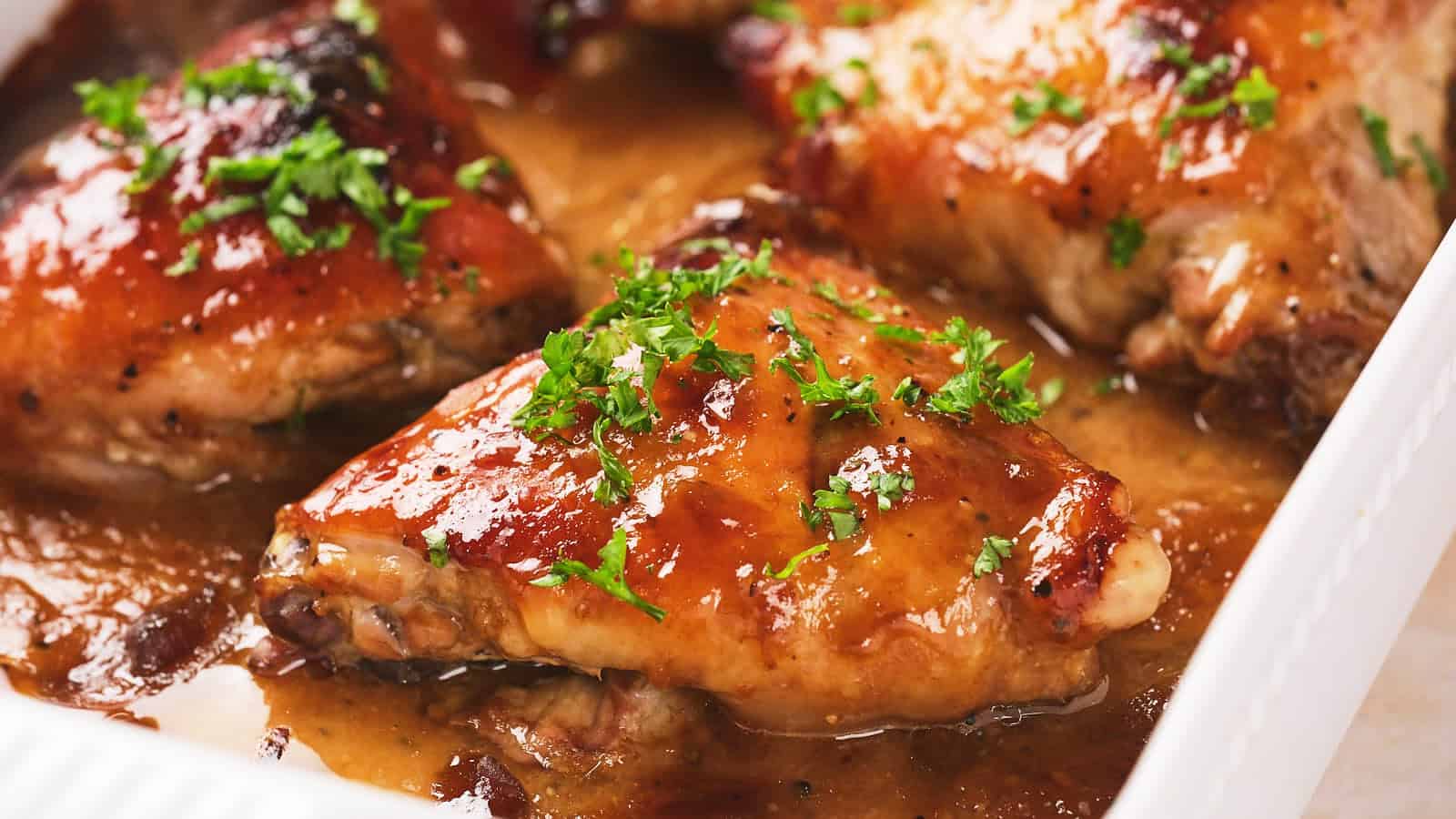 Close-up of baked chicken thighs in a brown sauce, garnished with chopped parsley, served in a white dish.