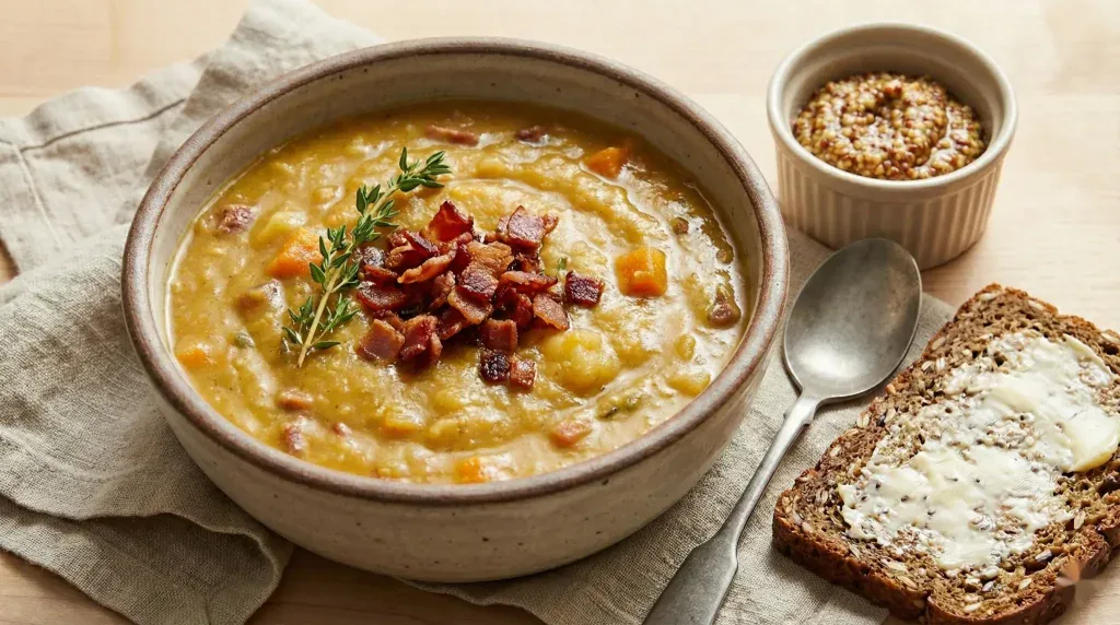 A bowl of thick split pea soup topped with bacon and thyme, served with grainy mustard and buttered multigrain bread on the side.