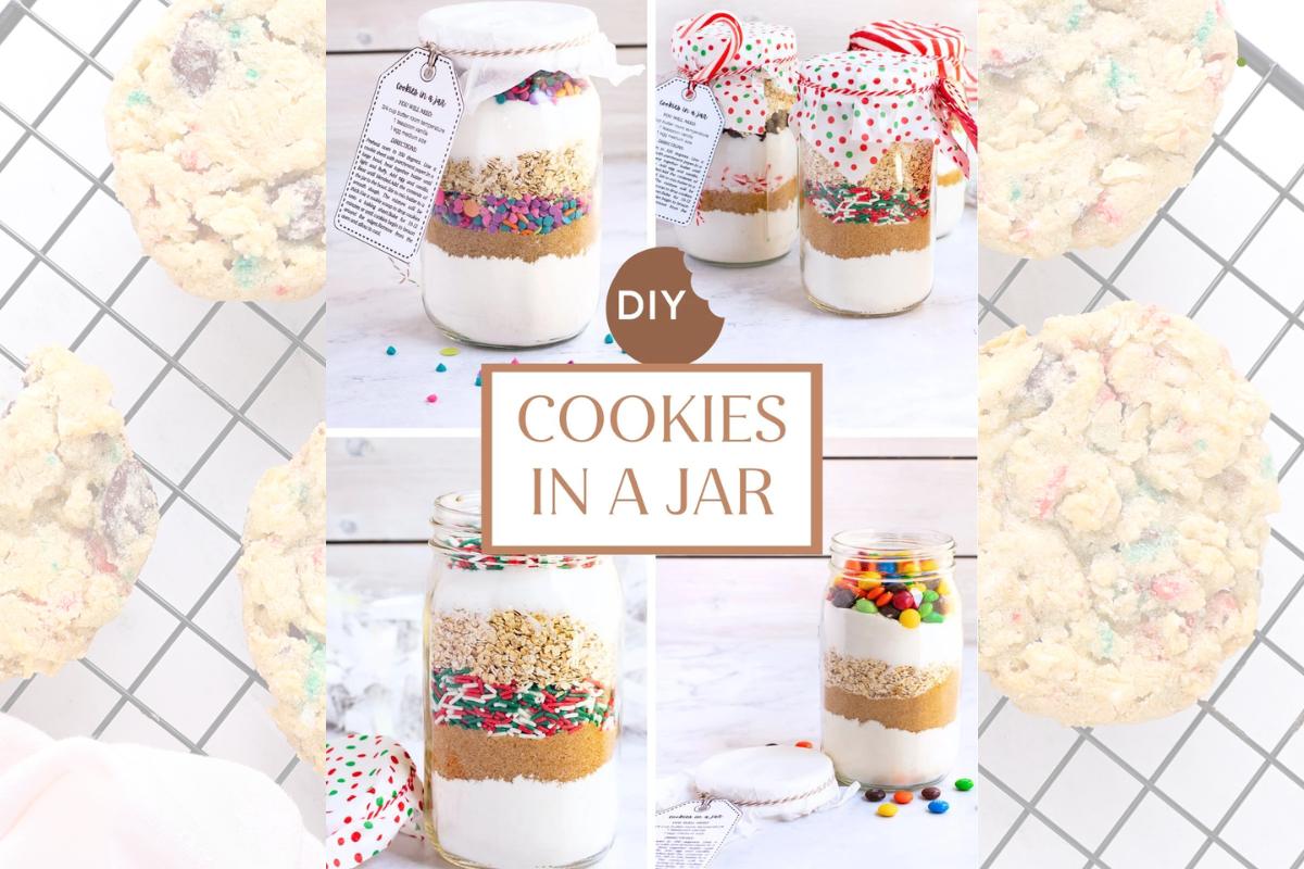 Various jars filled with layered cookie ingredients are displayed with decorative lids and recipe tags, labeled DIY Cookies in a Jar on a wire rack background.
