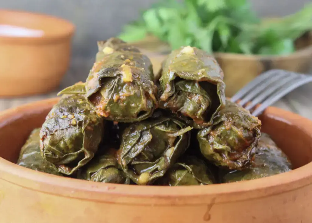 A clay bowl filled with stuffed grape leaves, neatly stacked, with herbs and a fork in the background.