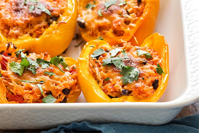 A dish of stuffed peppers.