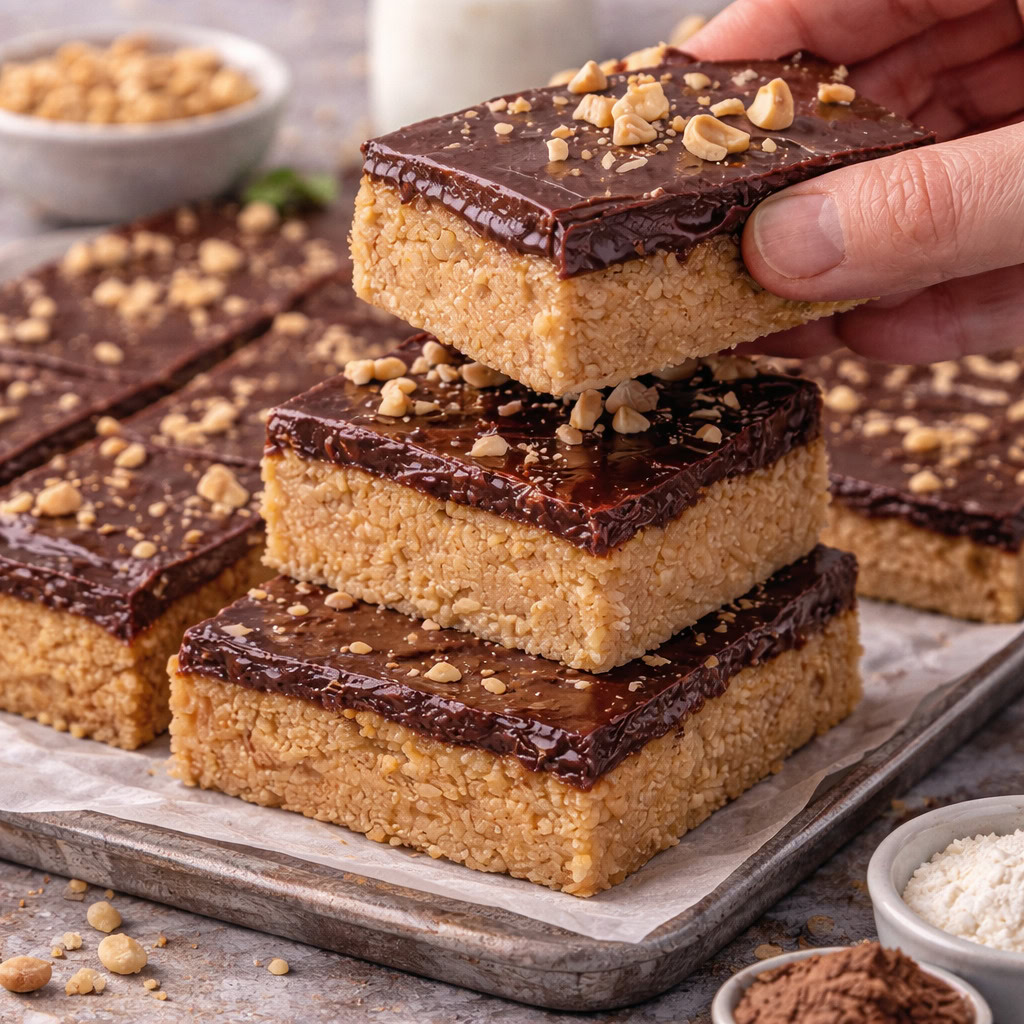 A hand lifts a square oat bar topped with chocolate and chopped peanuts from a stack on a tray, with more bars and ingredients visible in the background.