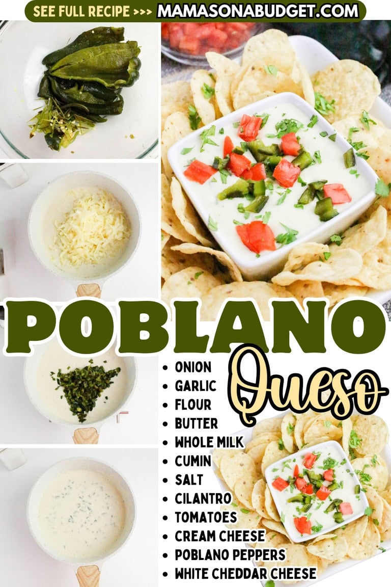 Step-by-step images show the process of making poblano queso dip, with ingredients including cheese, poblano peppers, and seasonings, served with tortilla chips.
