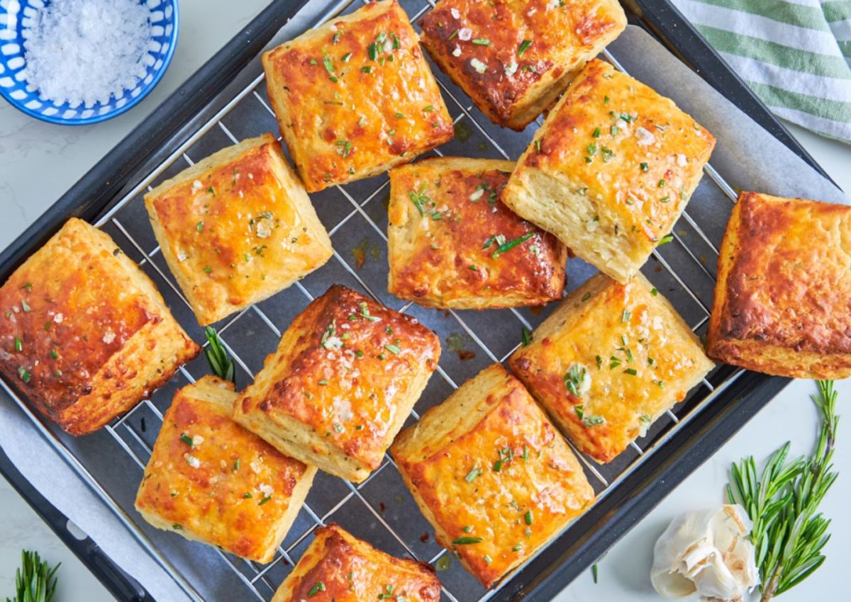 Golden brown biscuits topped with herbs and coarse salt are cooling on a wire rack over a baking tray. A bowl of salt and sprigs of rosemary are nearby.
