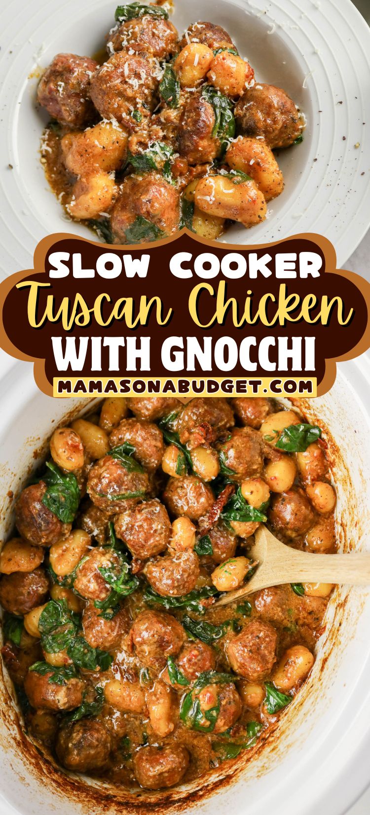 A plate and a slow cooker filled with Tuscan chicken, gnocchi, and spinach in a tomato-based sauce, garnished with grated cheese.