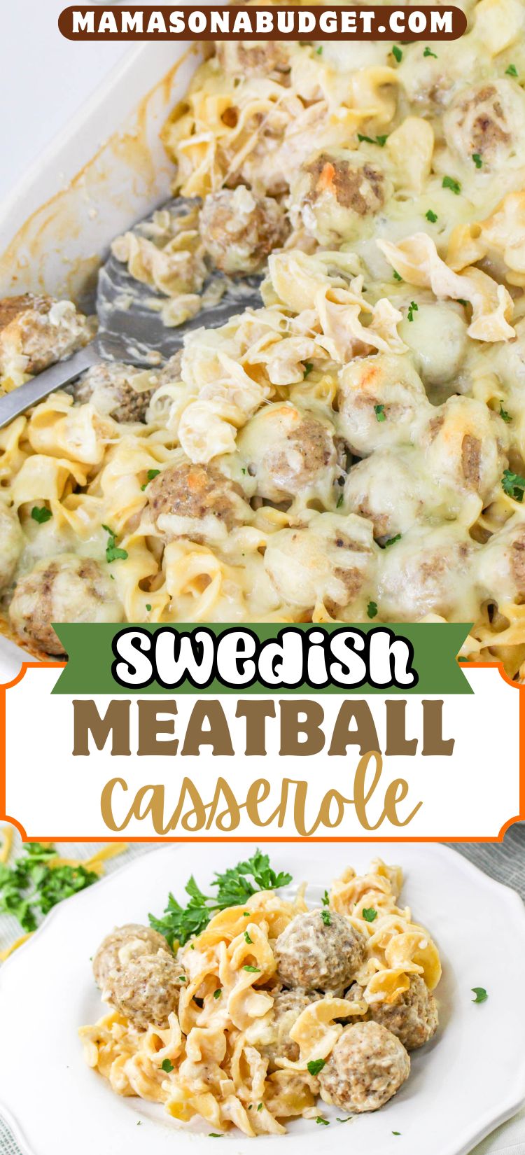 A baked Swedish meatball casserole topped with melted cheese and parsley, served on a white plate with a fork.