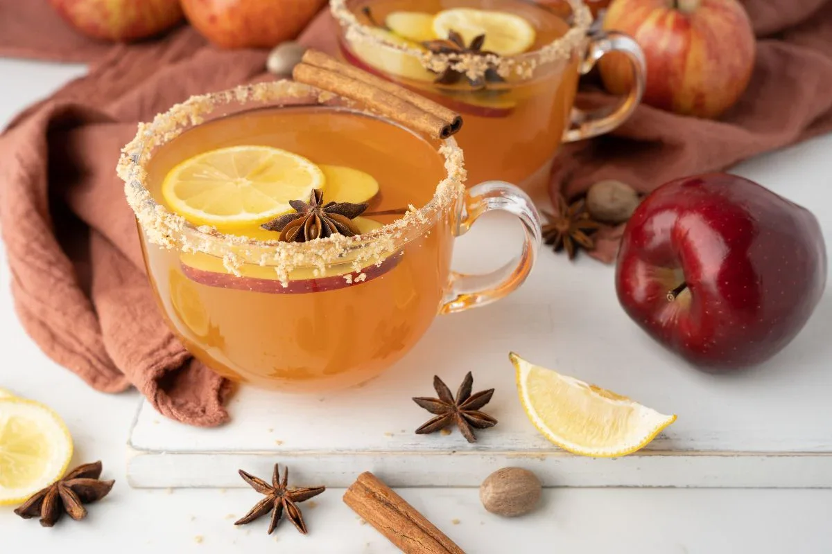 A clear glass mug filled with apple cider, garnished with lemon slices, apple slices, star anise, and a cinnamon stick, sits on a table with apples and spices.