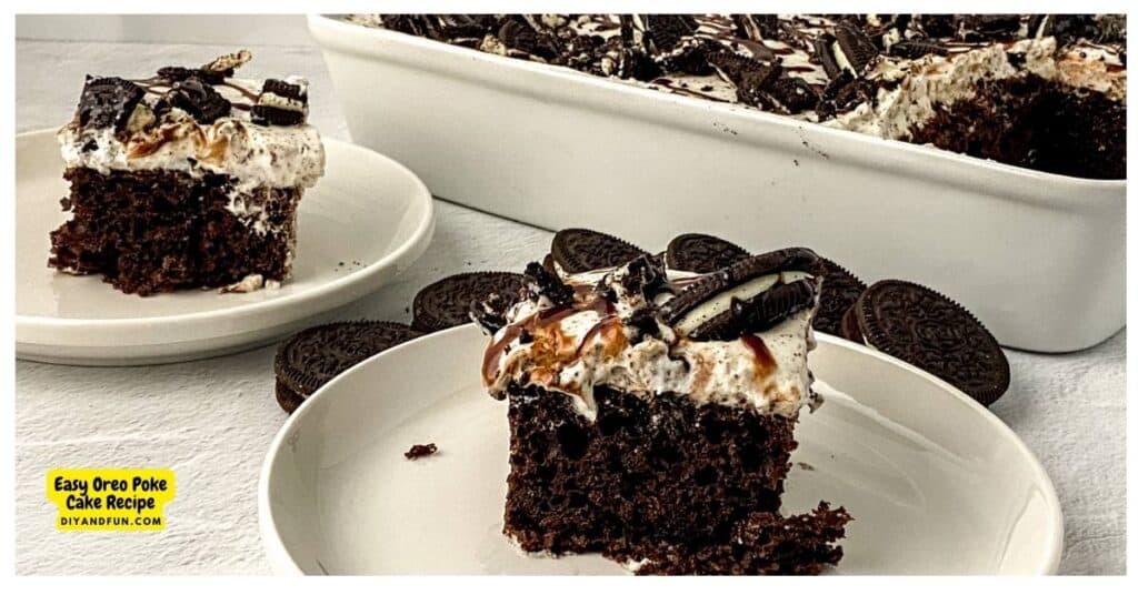 A slice of Oreo poke cake topped with whipped cream and crushed Oreos on a white plate, with more slices and whole Oreos in the background.