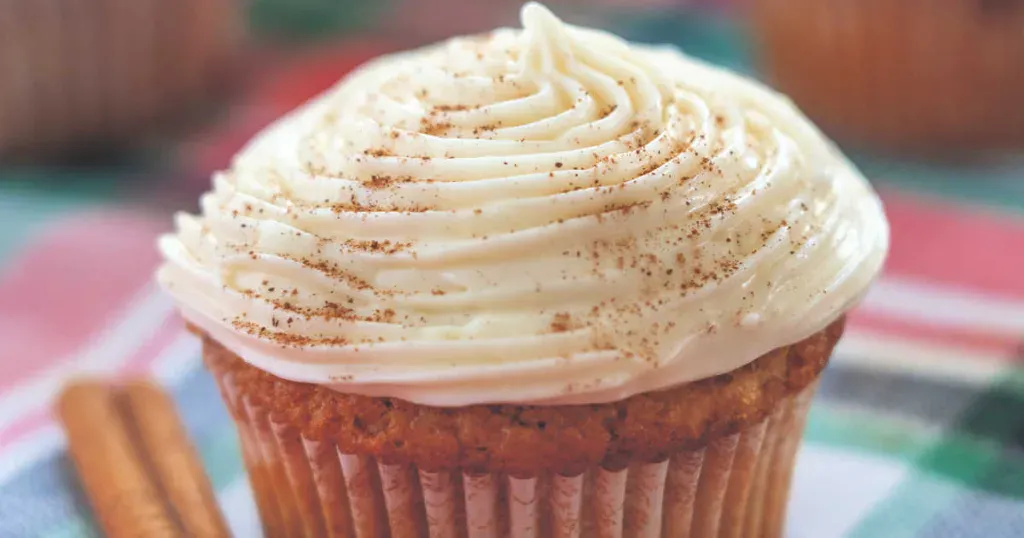 A cupcake with swirled white frosting, lightly sprinkled with cinnamon, sits on a checkered cloth.