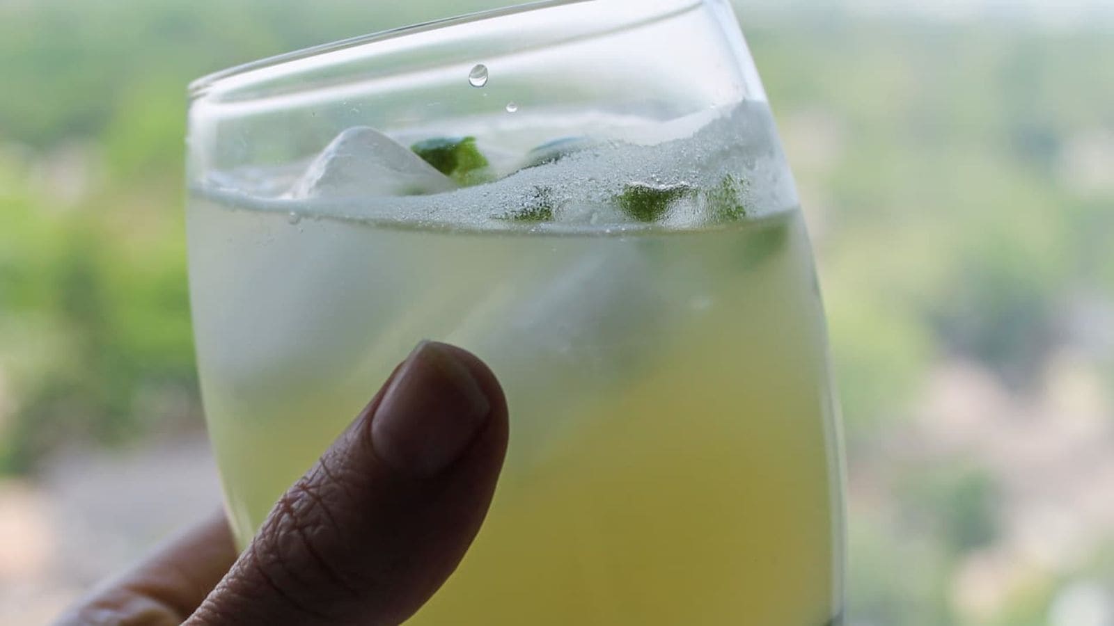 A hand holding a glass of light yellow beverage with ice cubes and green garnish, with a blurred outdoor background.