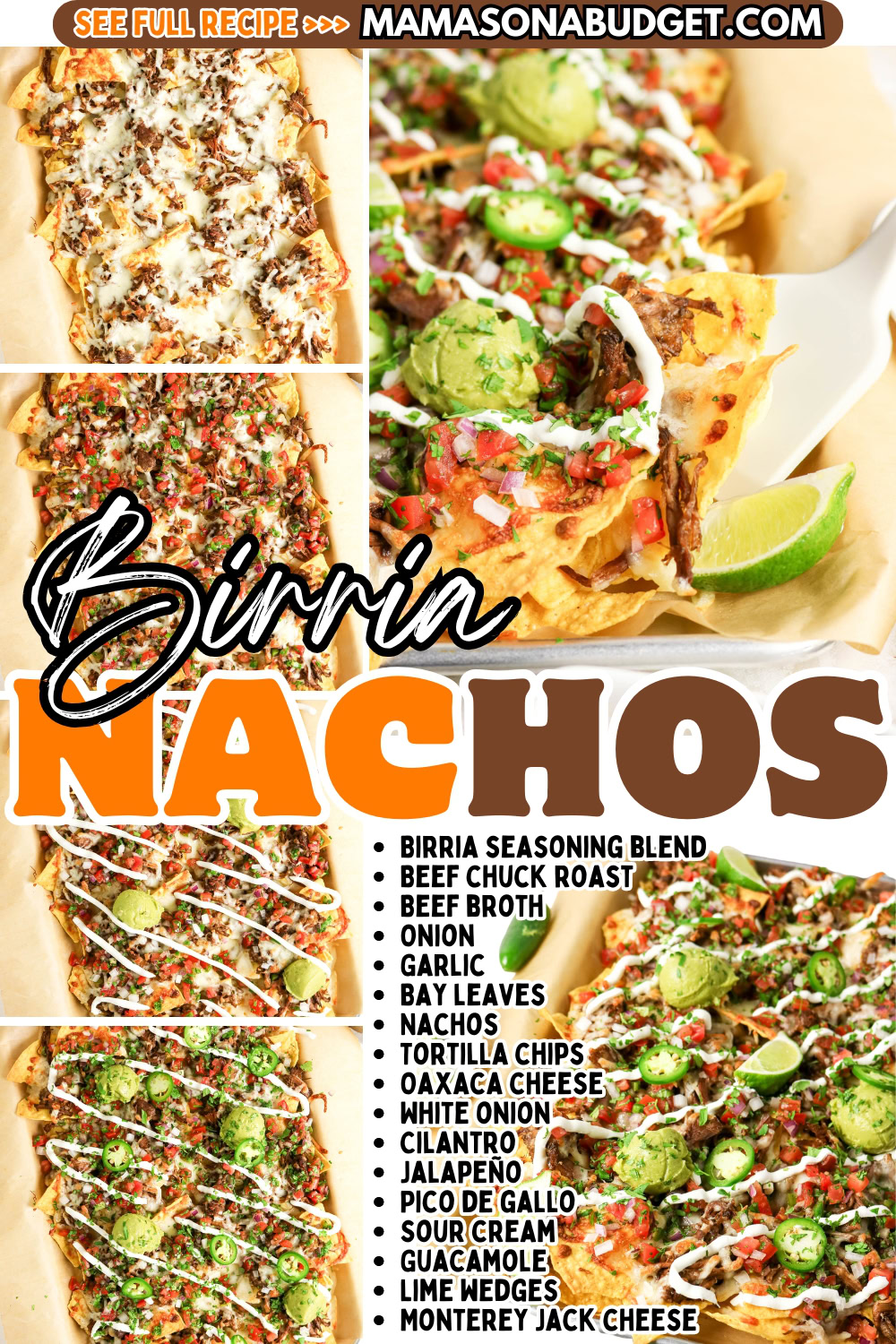 Birria nachos topped with beef, cheese, onions, cilantro, jalapeños, guacamole, and pico de gallo; recipe ingredients listed beside the dish.