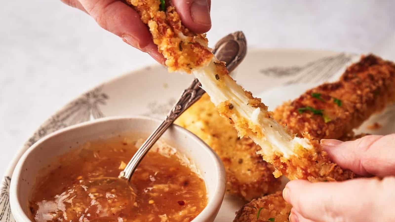 Hands pulling apart a breaded mozzarella stick with melted cheese stretching, next to a bowl of dipping sauce on a plate.
