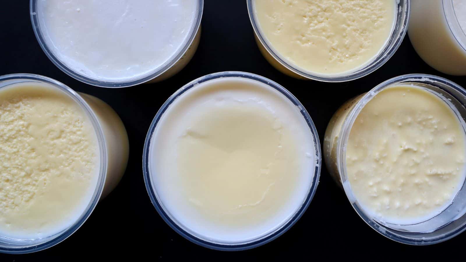 Six clear containers filled with various types of yogurt or fermented dairy products, seen from above, on a black surface.