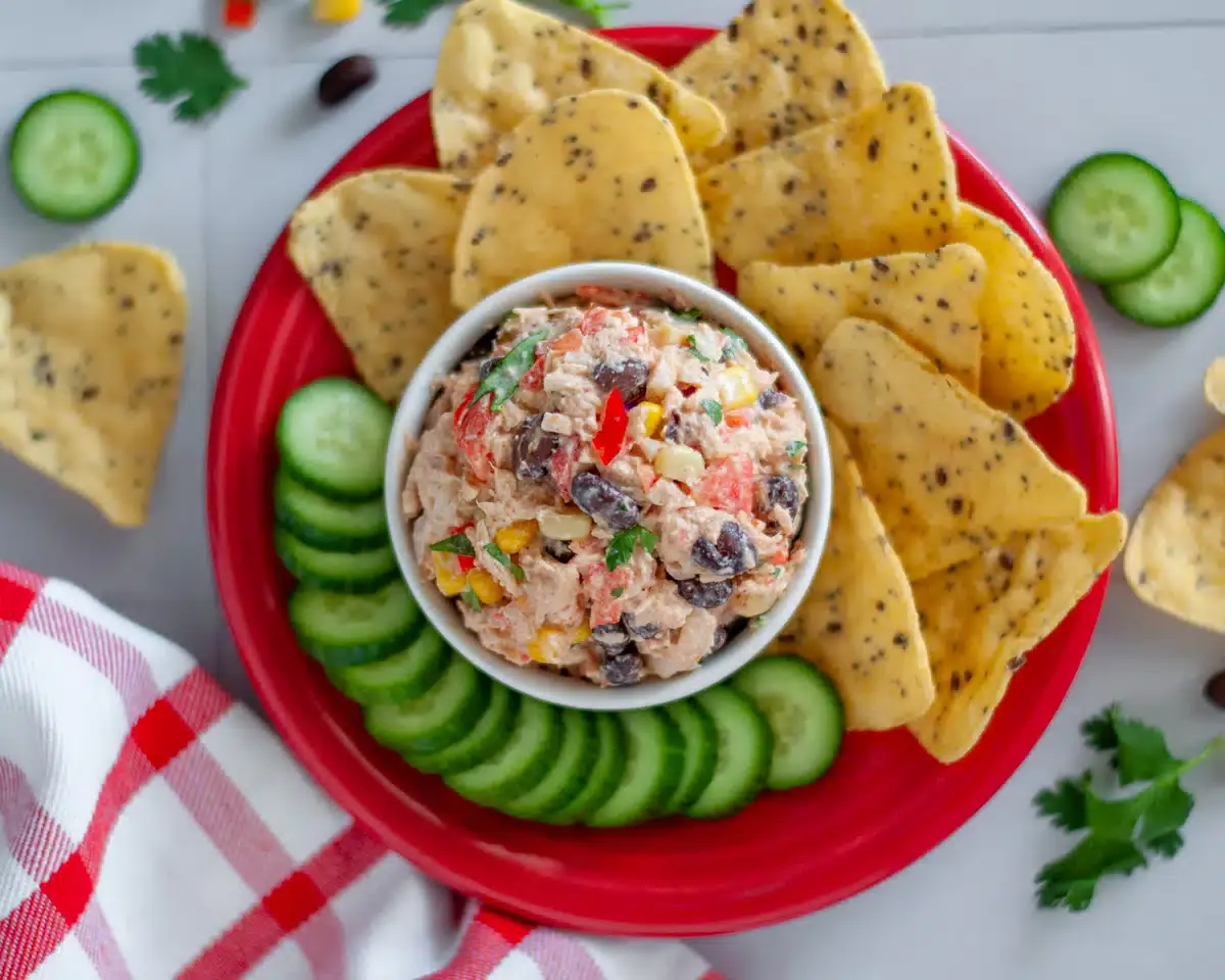 A bowl of creamy dip with vegetables and black beans, surrounded by sliced cucumbers and tortilla chips on a red plate.