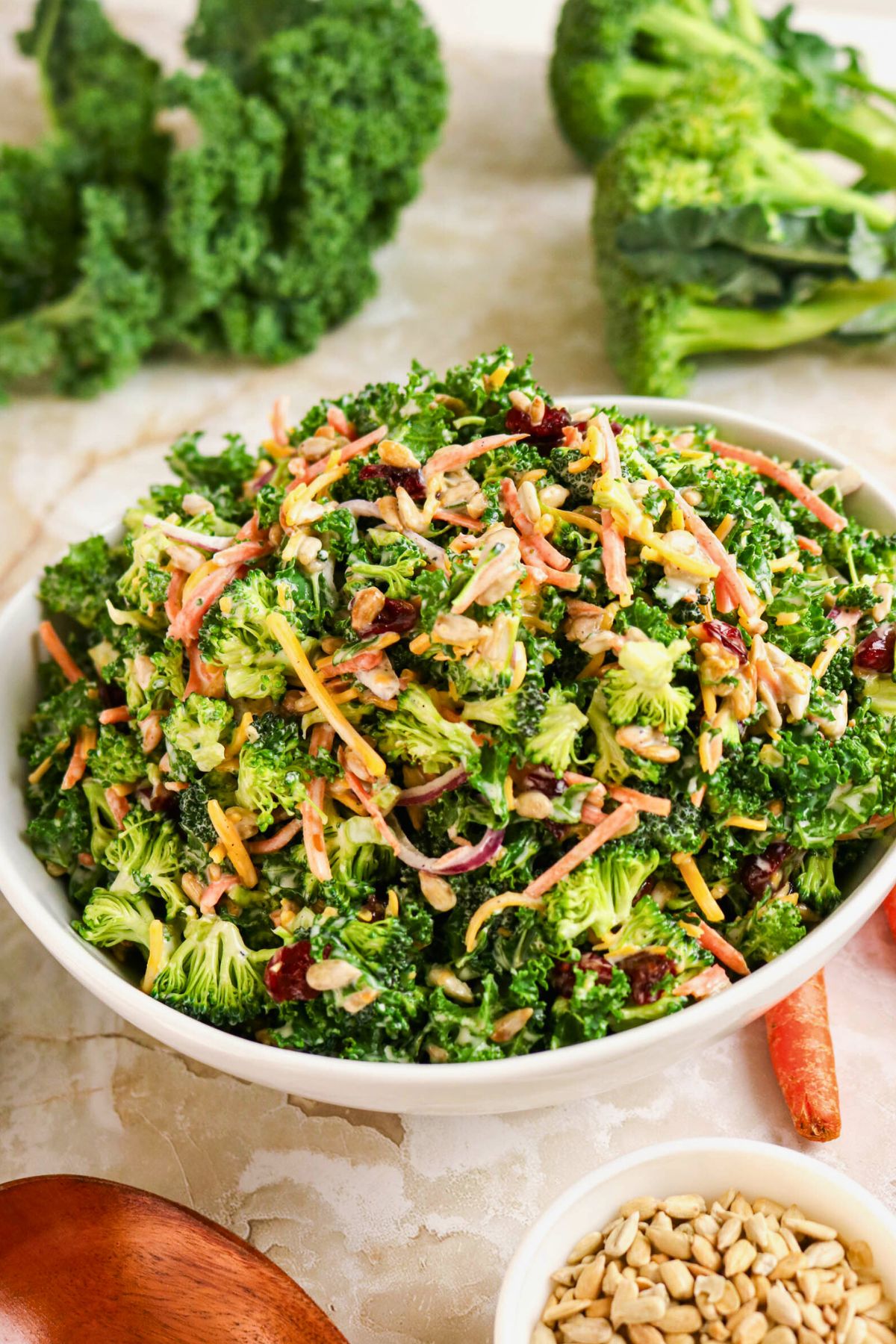 A bowl of broccoli and kale salad with shredded carrots, seeds, and dried cranberries, with fresh broccoli and kale in the background.