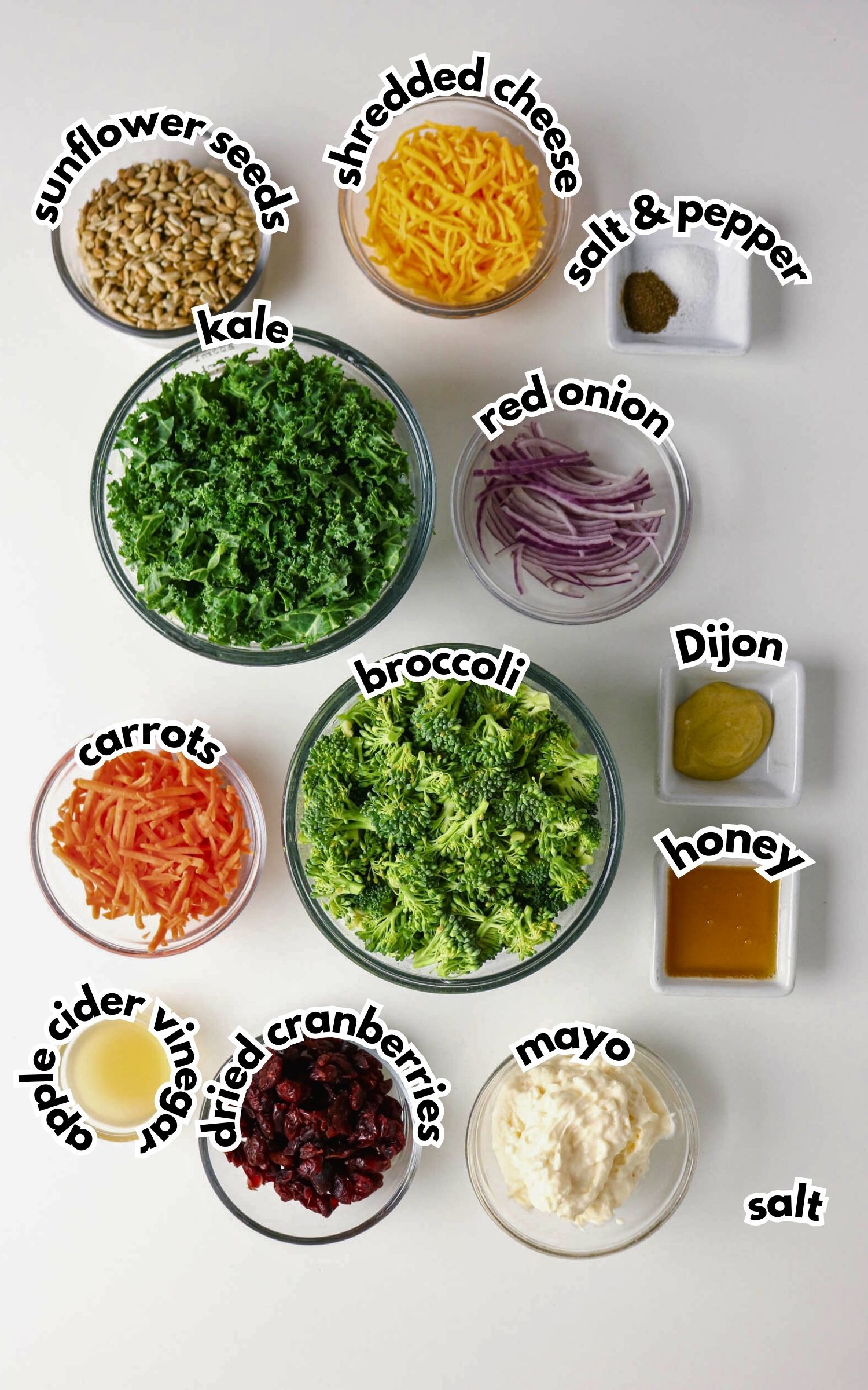 Bowls of ingredients for a salad, including kale, broccoli, shredded carrots, red onion, shredded cheese, sunflower seeds, dried cranberries, mayonnaise, Dijon, honey, vinegar, and seasonings.