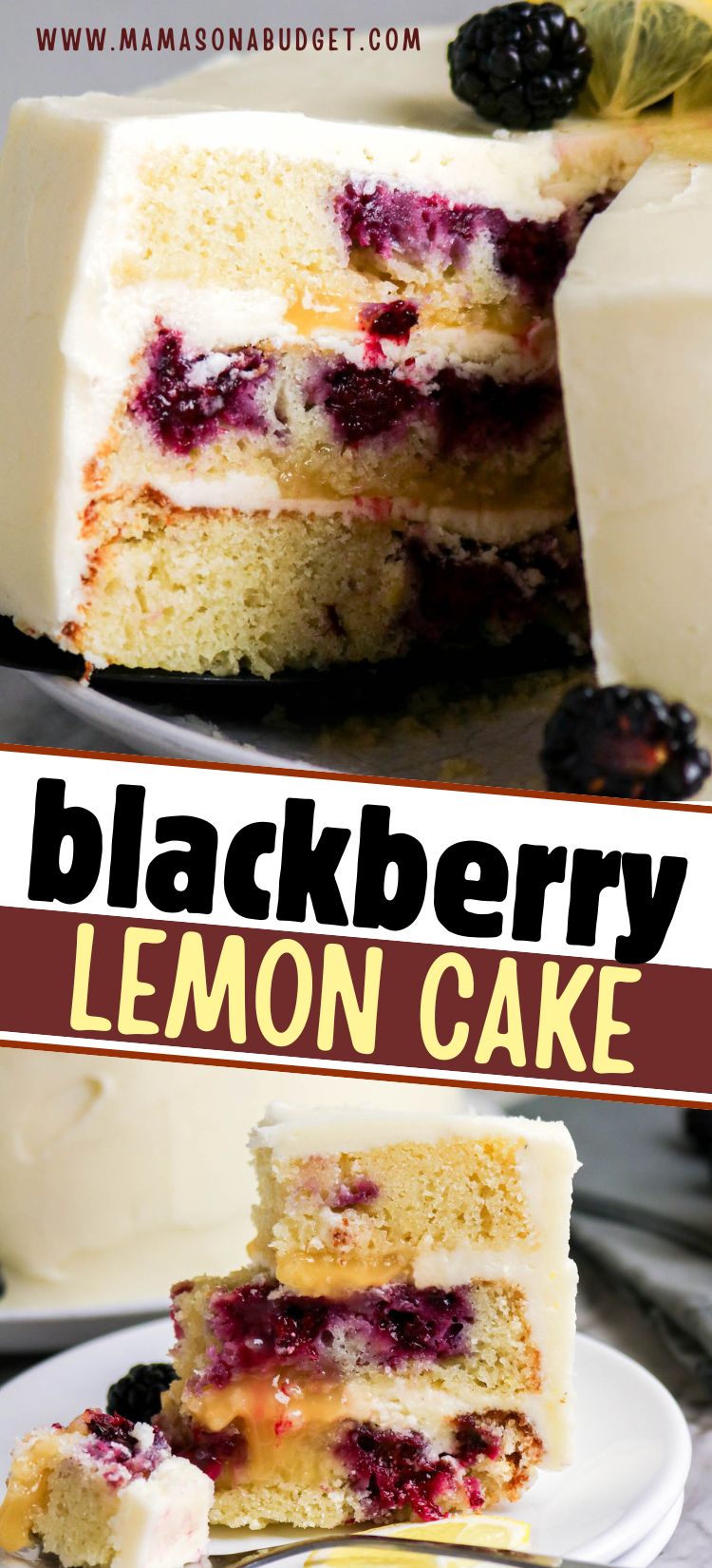 A slice of blackberry lemon cake with layers of yellow cake, blackberry filling, and white frosting, garnished with blackberries and a lemon slice.