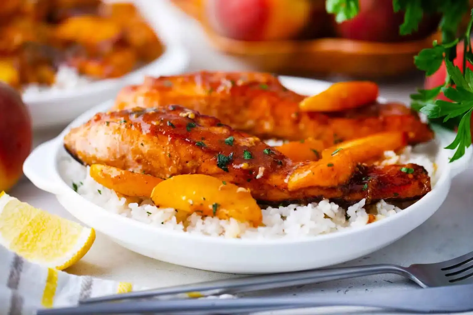 A plate of white rice topped with cooked salmon fillets and peach slices, garnished with herbs. A lemon wedge and fork are nearby.