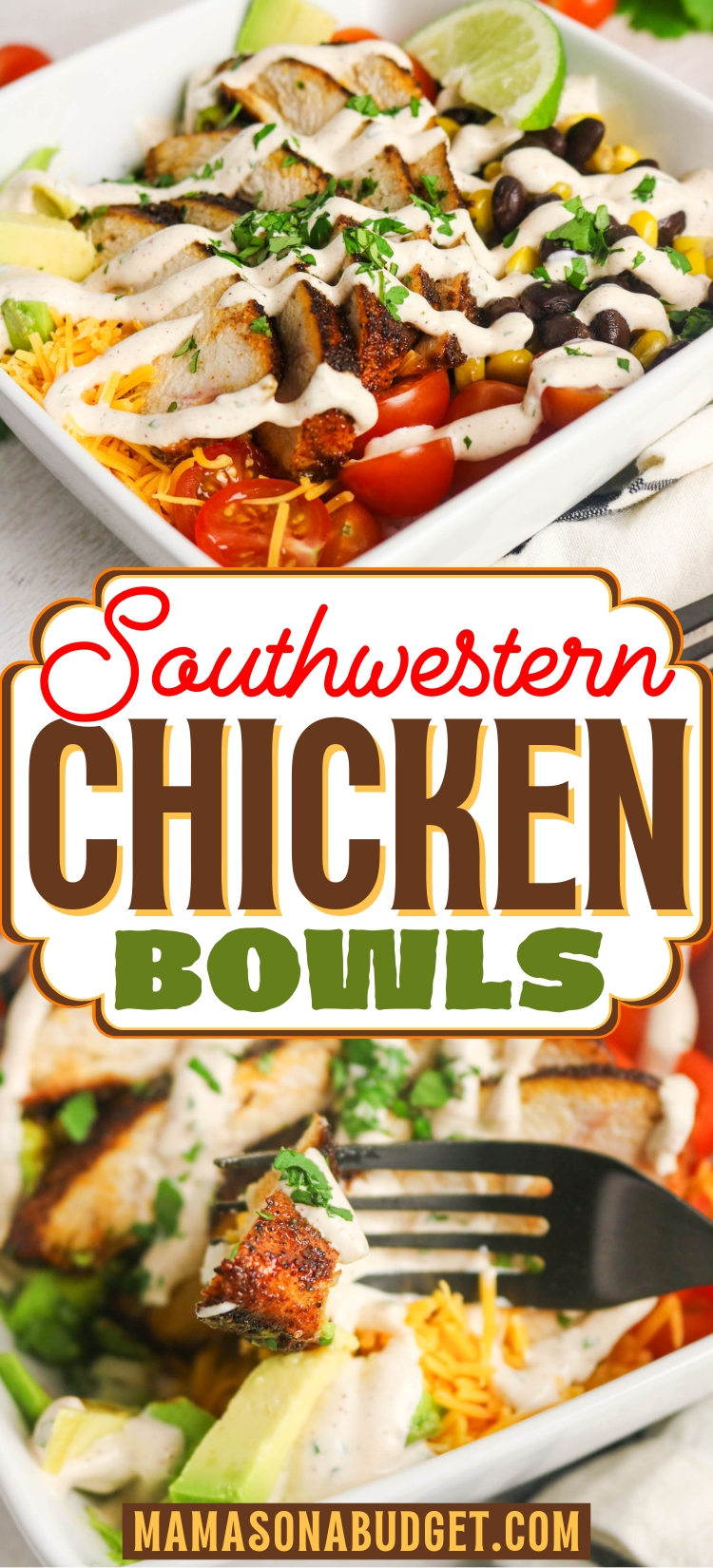 A Southwestern Chicken Bowl filled with sliced grilled chicken, black beans, corn, tomatoes, avocado, shredded cheese, greens, and creamy dressing.