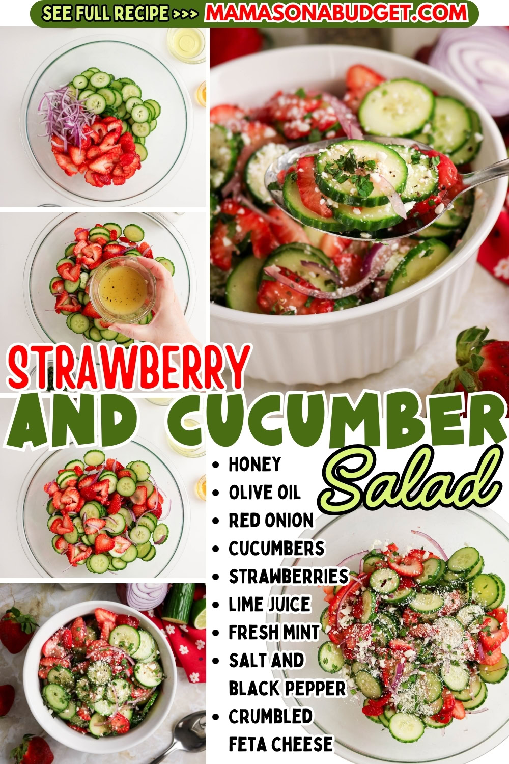 Four-step collage showing the process of making strawberry and cucumber salad with ingredients like cucumbers, strawberries, red onion, and feta cheese, plus a full ingredient list.
