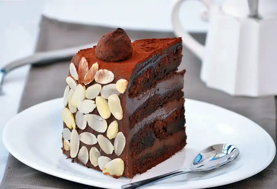 A slice of layered chocolate cake with chocolate frosting, almond slices on the side, and a truffle on top, served on a white plate next to a spoon.