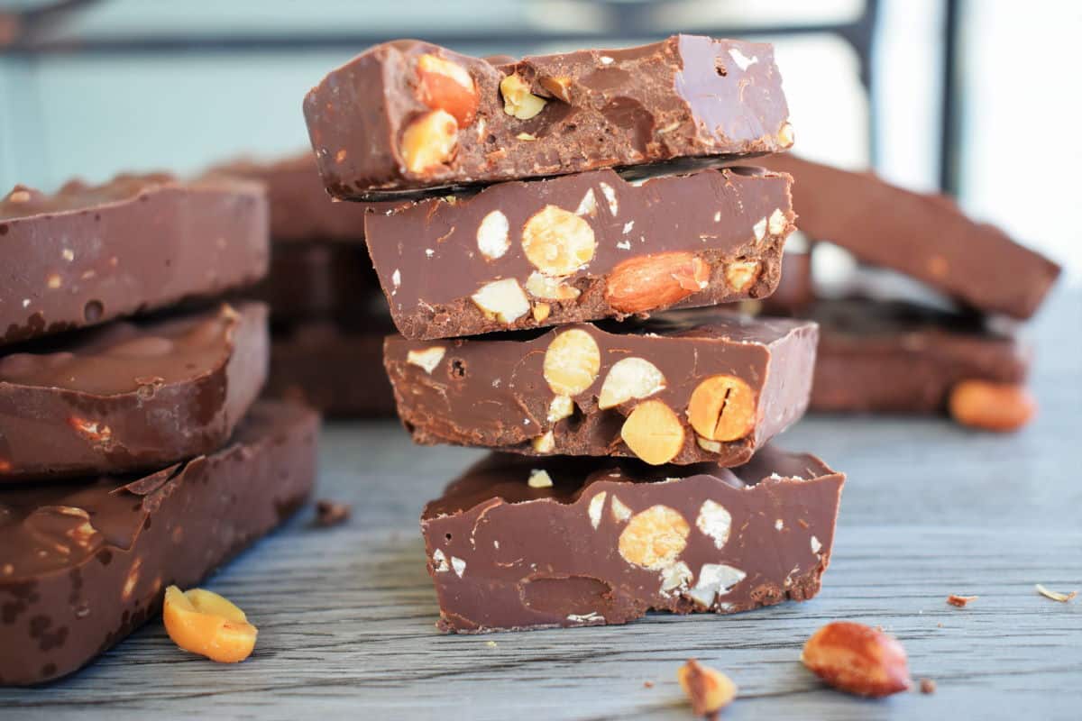 Stacked pieces of chocolate bars with visible whole peanuts on a wooden surface, with more chocolate pieces and peanuts in the background.