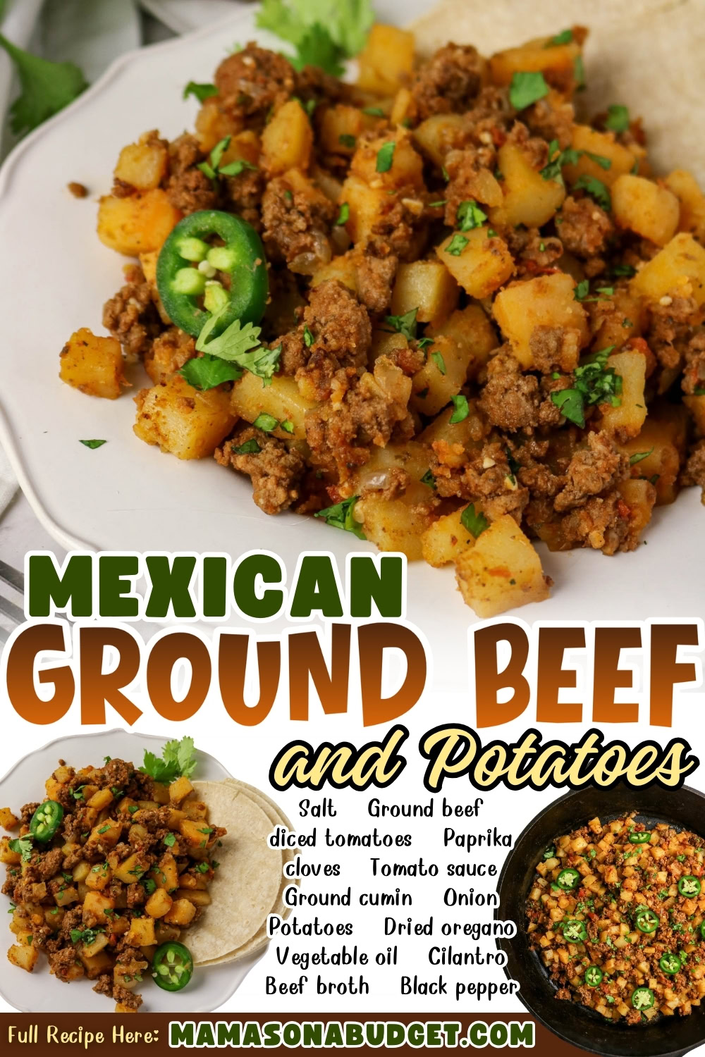 A plate of Mexican ground beef and potatoes garnished with jalapeños and cilantro, with a list of ingredients and recipe source shown on the image.