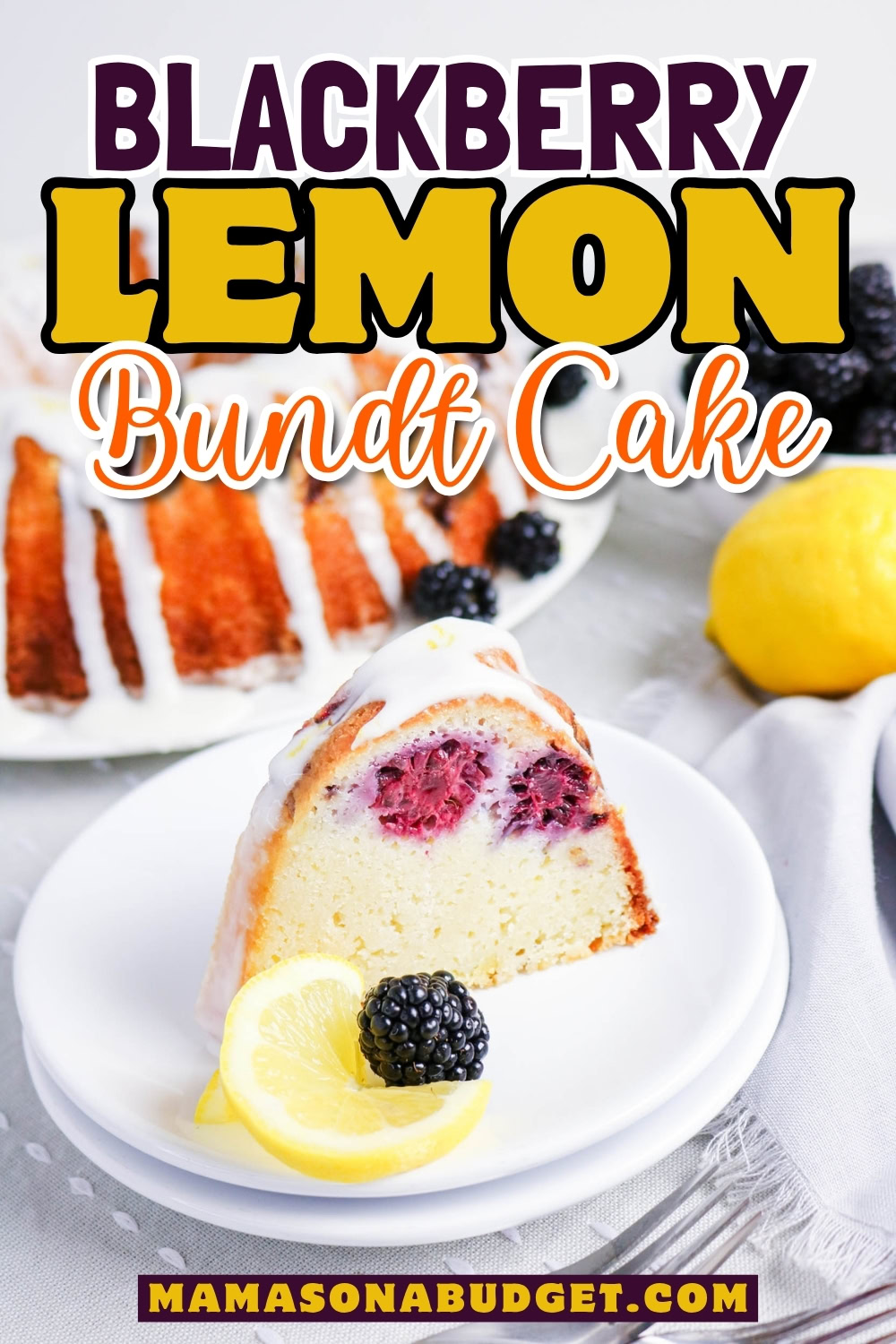 A slice of blackberry lemon bundt cake on a white plate, garnished with a lemon slice and blackberry, with a whole bundt cake and lemon in the background.
