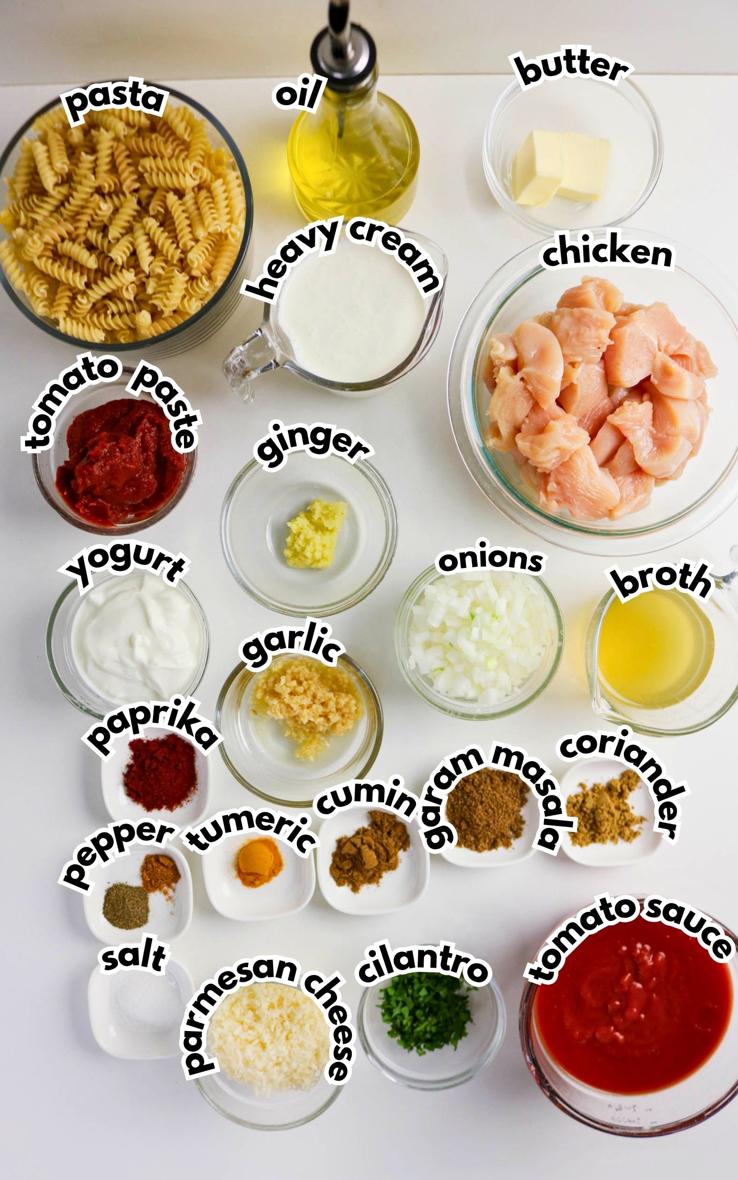Various ingredients for a pasta dish are arranged on a white surface, including pasta, chicken, spices, yogurt, cream, broth, tomato paste, tomato sauce, garlic, onions, ginger, oil, and butter.