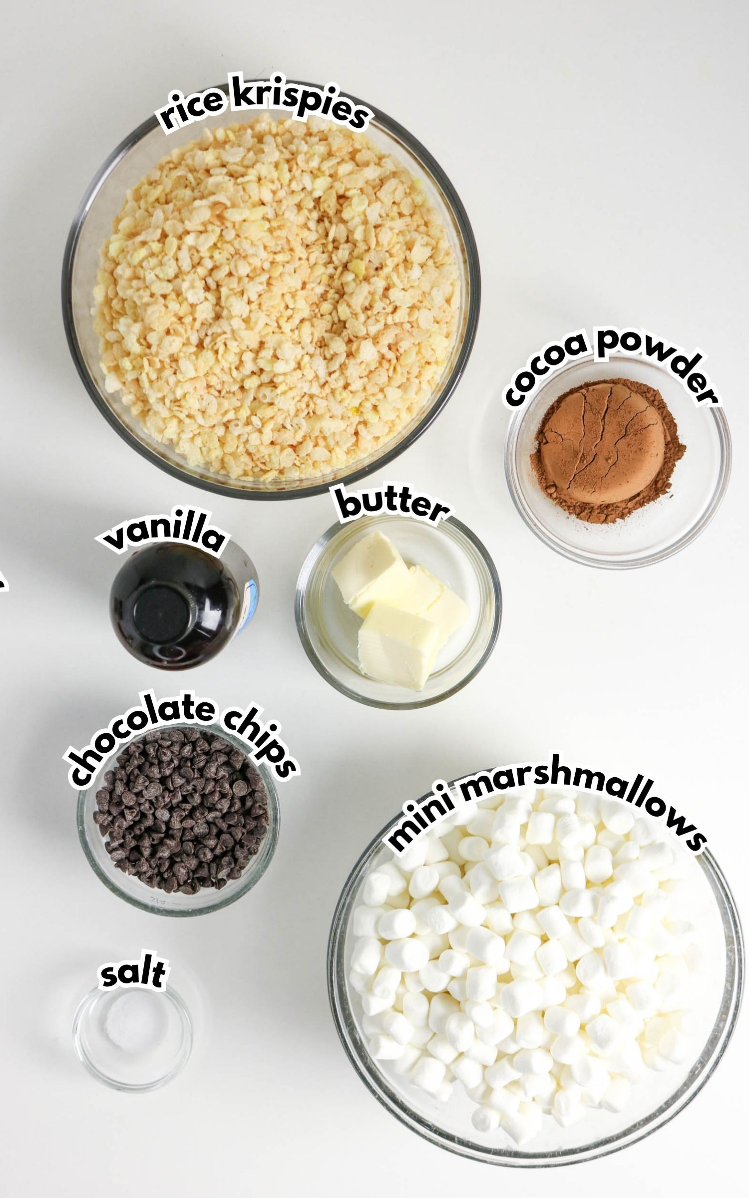 Bowls containing rice krispies, cocoa powder, vanilla, butter, chocolate chips, salt, and mini marshmallows arranged on a white surface.