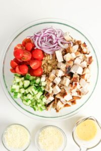A glass bowl filled with cooked pasta, grilled chicken, cherry tomatoes, diced cucumber, and sliced red onion. Three smaller bowls hold shredded cheese and salad dressing.
