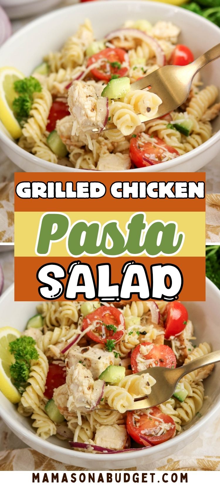 A bowl of grilled chicken pasta salad with rotini, cherry tomatoes, cucumber, red onion, lemon wedge, and broccoli. A fork holds a bite of chicken and pasta above the bowl.