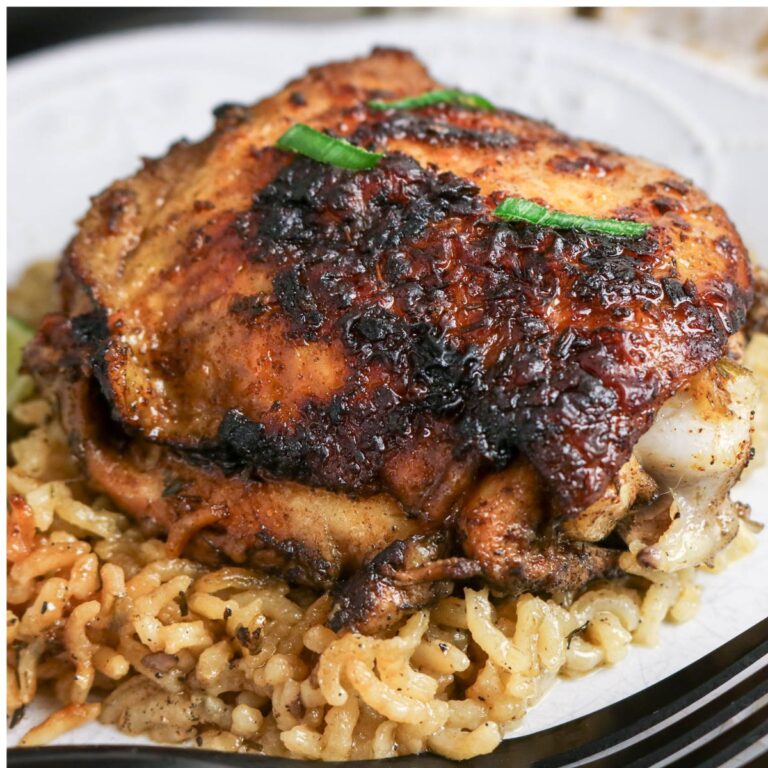 Close-up of a seasoned, browned chicken thigh served on a bed of cooked rice on a white plate.
