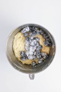 A mixing bowl containing dough topped with fresh blackberries coated in flour, viewed from above on a white background.