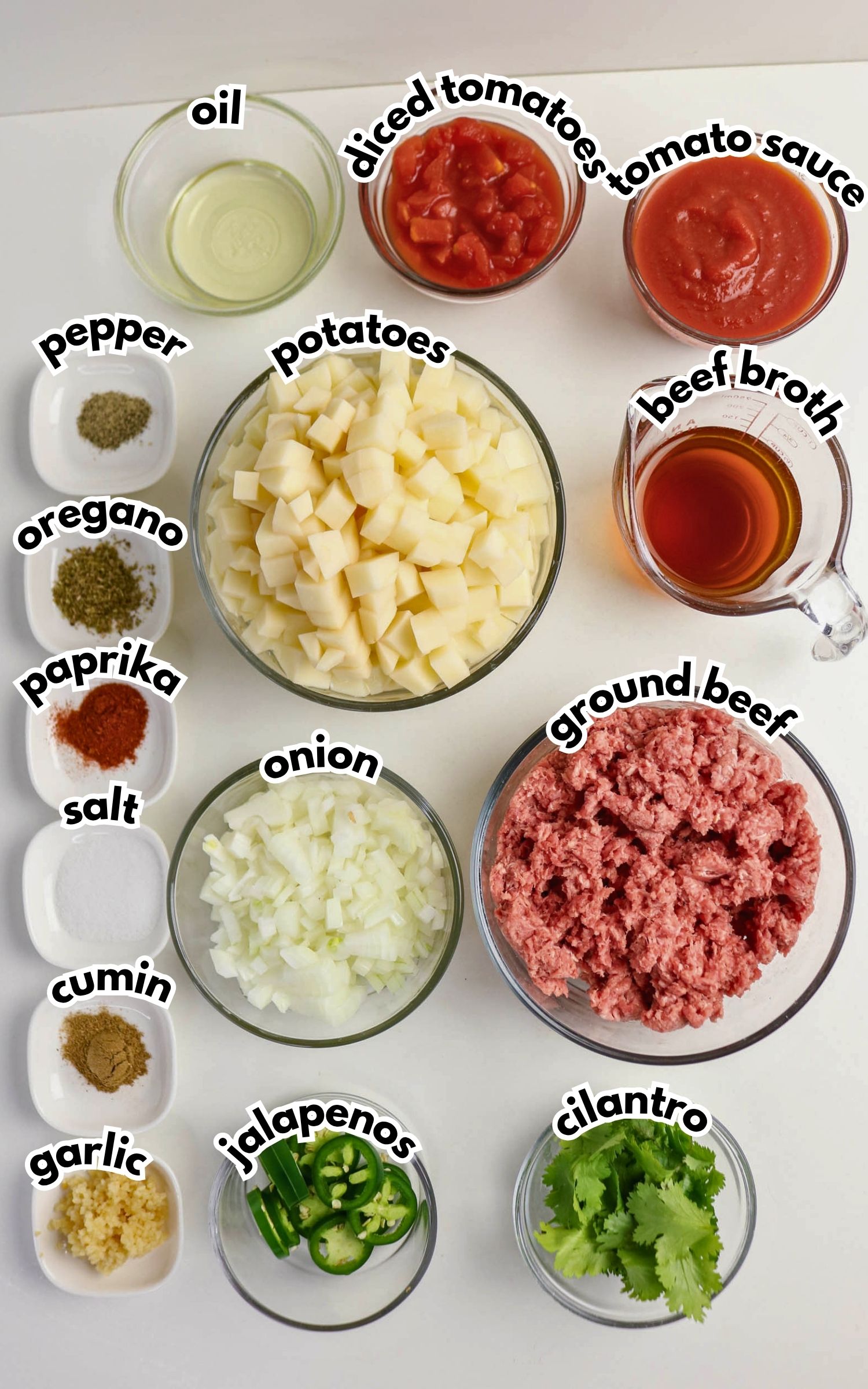 Top-down view of labeled ingredients in bowls and dishes, including ground beef, potatoes, onions, jalapenos, cilantro, spices, garlic, oil, diced tomatoes, tomato sauce, and beef broth.