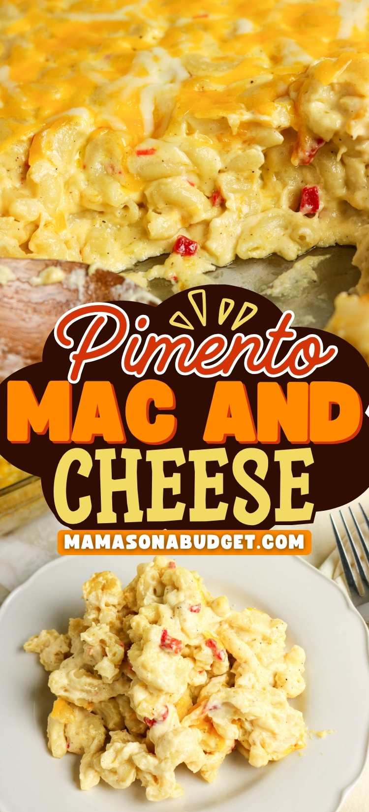 A serving of pimento mac and cheese is shown on a plate with a baking dish of the same dish in the background. Text reads Pimento Mac and Cheese mamasonabudget.com.