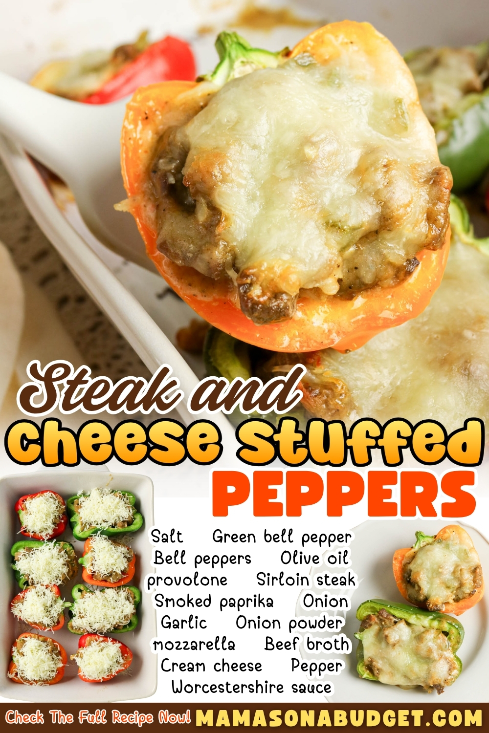 Colorful bell peppers stuffed with steak, cheese, and vegetables are baked and topped with melted cheese, shown alongside a list of ingredients and recipe website link.