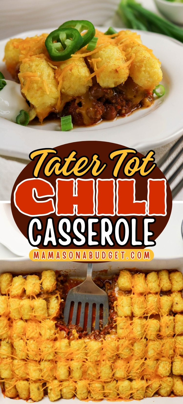 Tater tot chili casserole topped with shredded cheese and sliced jalapeños, served on a white plate with green onions; a baking dish of the casserole shown below.