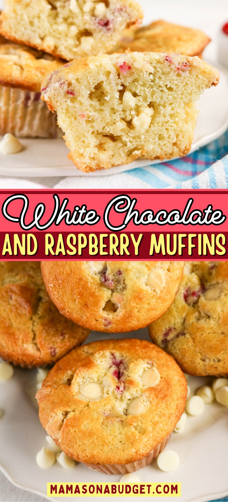 White chocolate and raspberry muffins on a plate, showing white chocolate chips and raspberry pieces inside the muffins.
