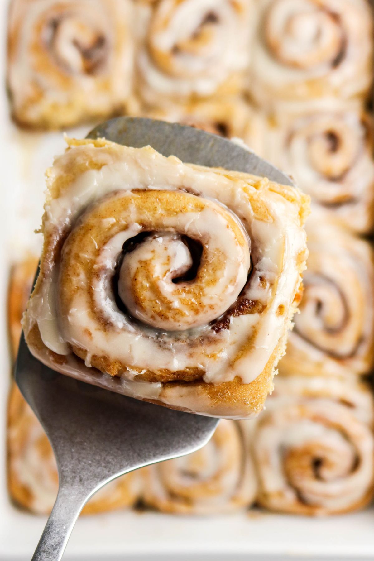 A close-up of a frosted cinnamon roll on a spatula, with more cinnamon rolls in the background.