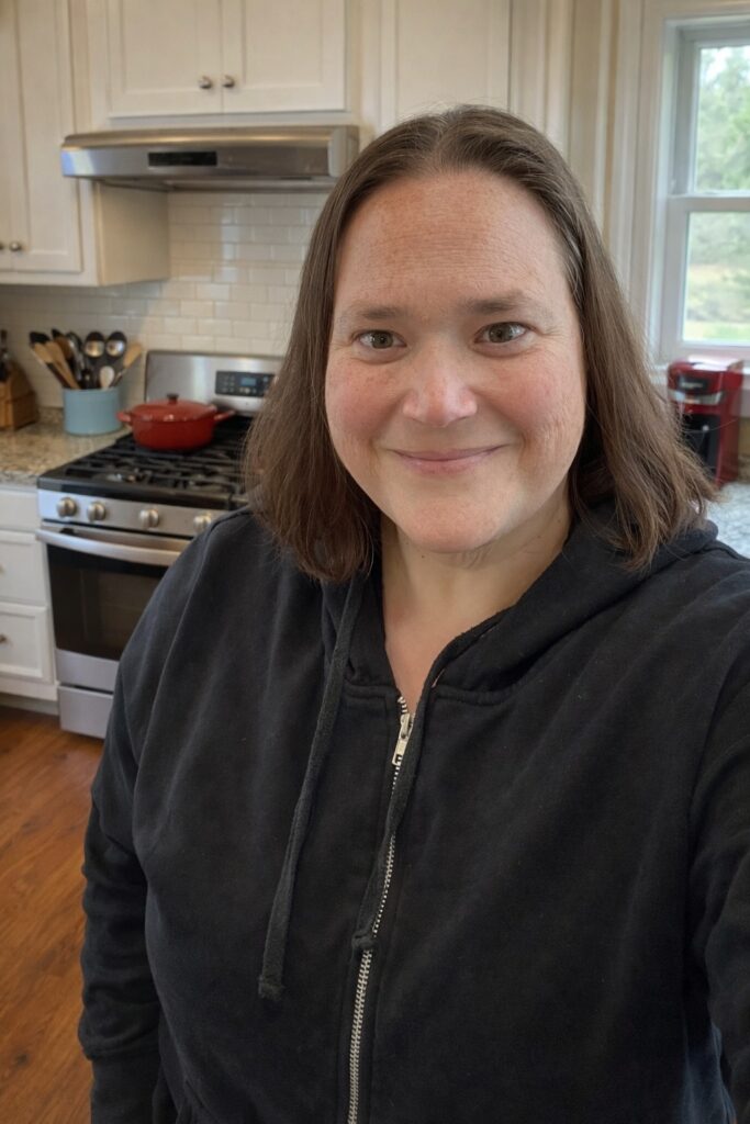 A person wearing a black zip-up hoodie smiles in a modern kitchen with white cabinets, a gas stove, and a red pot on the burner.