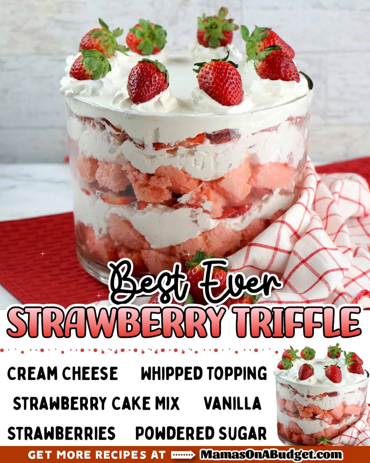 A glass bowl filled with layers of cream cheese, whipped topping, strawberry cake, and strawberries, with whole strawberries on top. Text lists recipe ingredients and website source.