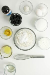 Ingredients for baking, including flour, sugar, eggs, blackberries, lemon zest, lemon juice, vanilla extract, yogurt, baking powder, water, and a whisk arranged on a white surface.