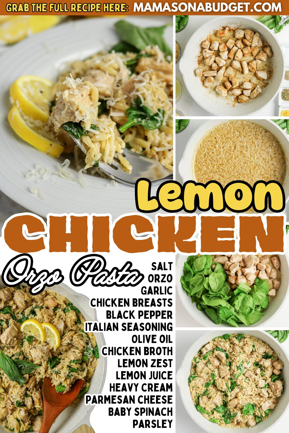 Overhead view of lemon chicken orzo pasta in a bowl, with small dishes showing individual ingredients like spinach, cheese, chicken, seasonings, and a recipe title with a list of ingredients.