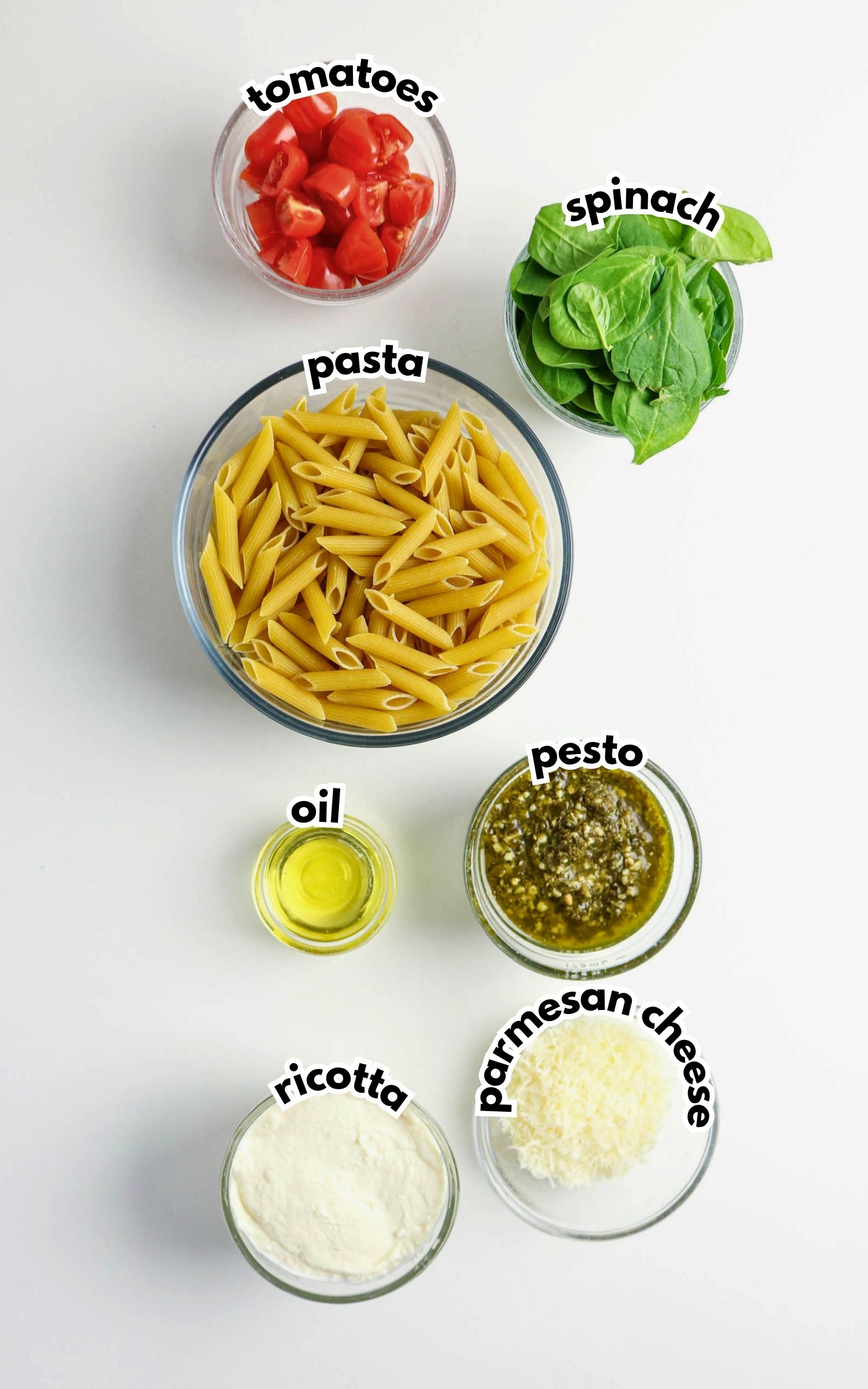 A flat lay of ingredients on a white surface: tomatoes, spinach, uncooked penne pasta, olive oil, pesto, ricotta, and grated parmesan cheese, each labeled with text.