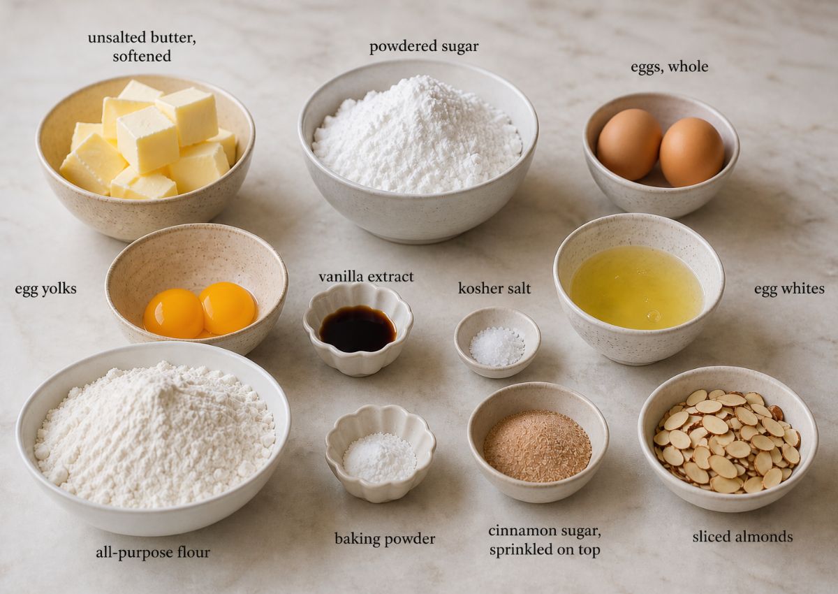 An overhead view of baking ingredients in bowls, including butter, powdered sugar, eggs, egg yolks, egg whites, flour, vanilla, salt, baking powder, cinnamon sugar, and sliced almonds.