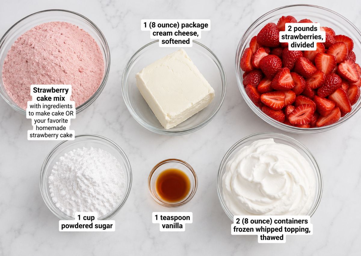 Six bowls on a marble surface containing strawberry cake mix, cream cheese, sliced strawberries, powdered sugar, vanilla extract, and whipped topping, each labeled with quantities.