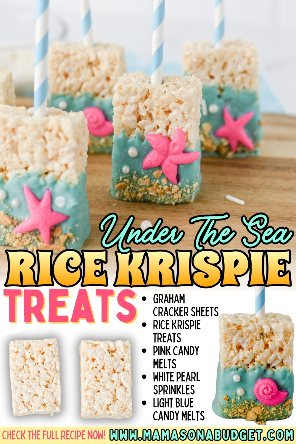 Rice Krispie treats dipped in blue candy melts, decorated with pink starfish and white pearl sprinkles, with blue striped straws inserted, displayed on a wooden surface.