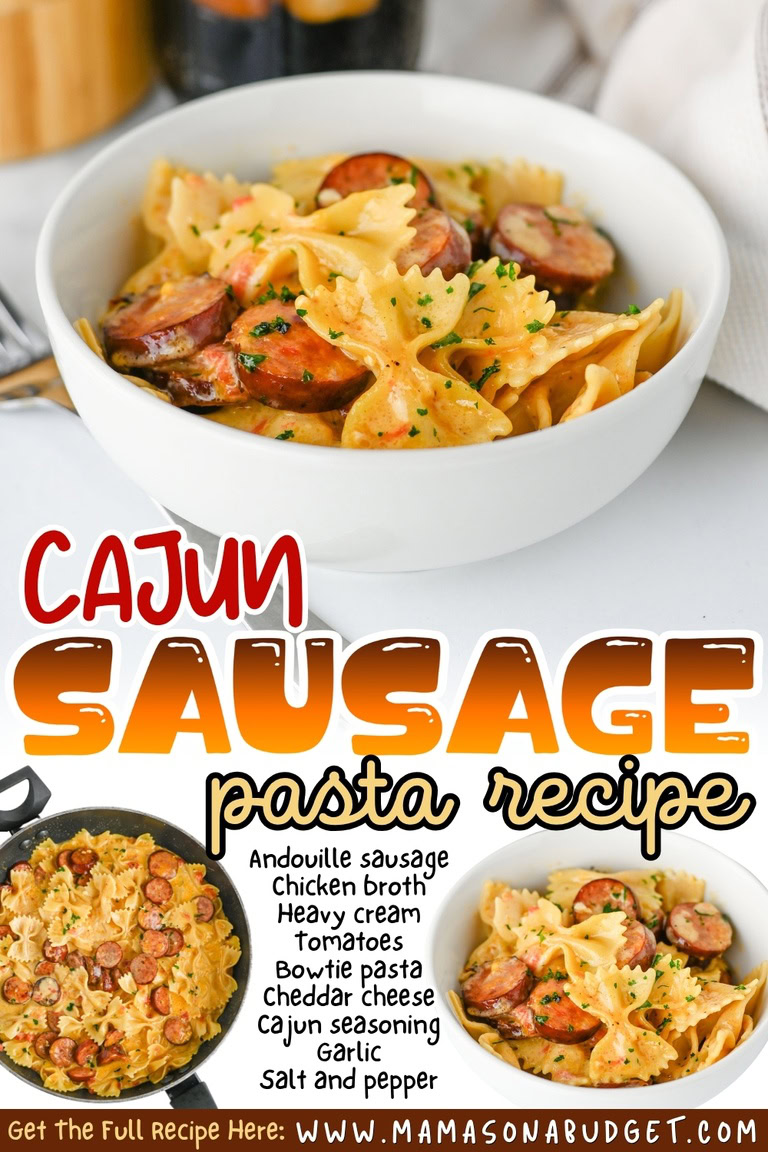 A bowl of bowtie pasta with sliced sausage in a creamy sauce, garnished with herbs. Recipe ingredients and website details are listed below the image.